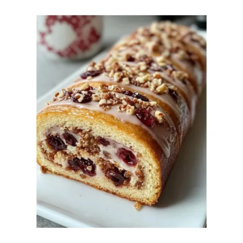 A sliced Cherry Hazelnut Budapest Roll on a white rectangular plate, showing the spiral pattern of golden sponge cake filled with cream and cherry filling, topped with a drizzle of white glaze and sprinkled with chopped nuts. A blurred pitcher or container is visible in the background.