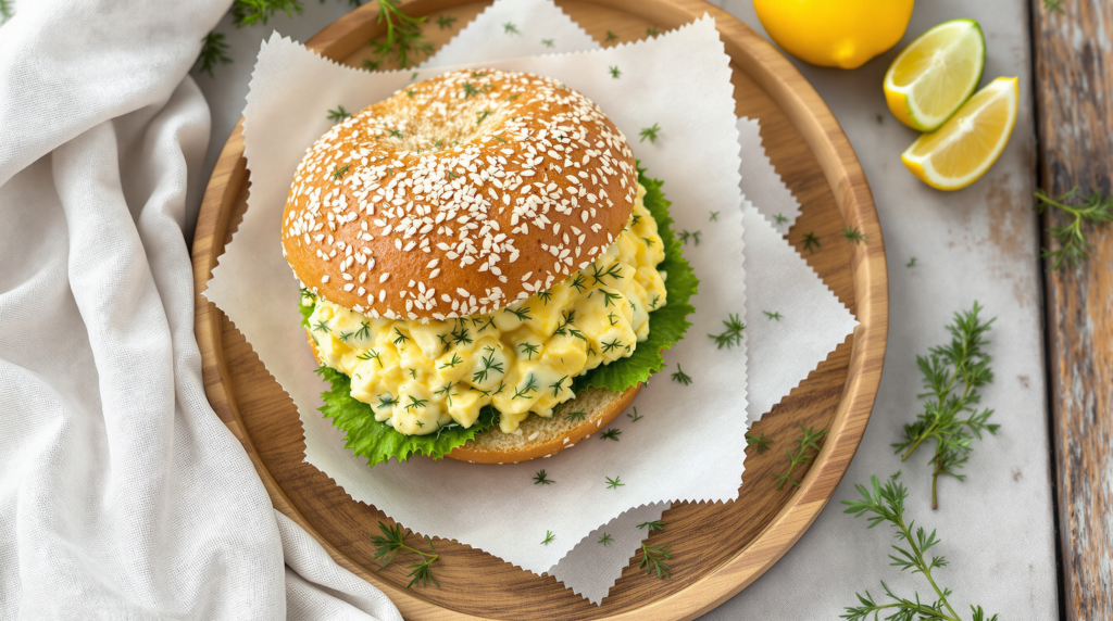 Fresh egg salad and dill sandwich on sesame bun with lettuce, served on parchment over wooden plate.