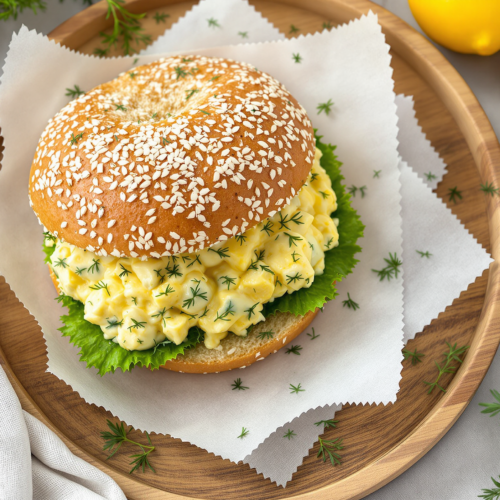 Fresh egg salad and dill sandwich on sesame bun with lettuce, served on parchment over wooden plate.