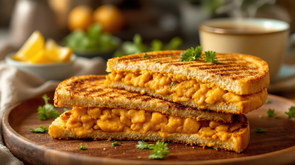 Toasted Indian masala potato sandwich stacked on a wooden plate, filled with spicy mashed potatoes and garnished with fresh herbs, served with lemon wedges and chai.