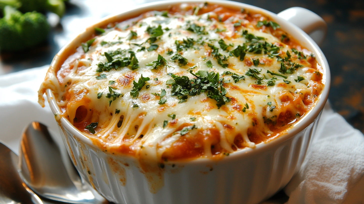 Close-up of a white ceramic bowl filled with Broccoli Cheddar Lasagna Soup topped with melted cheese and fresh herbs