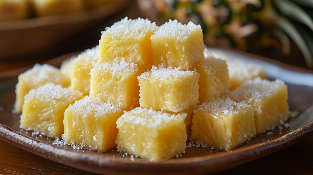 Fresh pineapple chunks dusted with sugar on a wooden plate
