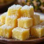 Fresh pineapple chunks dusted with sugar on a wooden plate