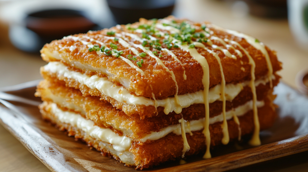 Deep fried Japanese cream sando with layers of crispy golden bread, white cream filling, yellow sauce drizzle, and green onion garnish on a wooden plate.