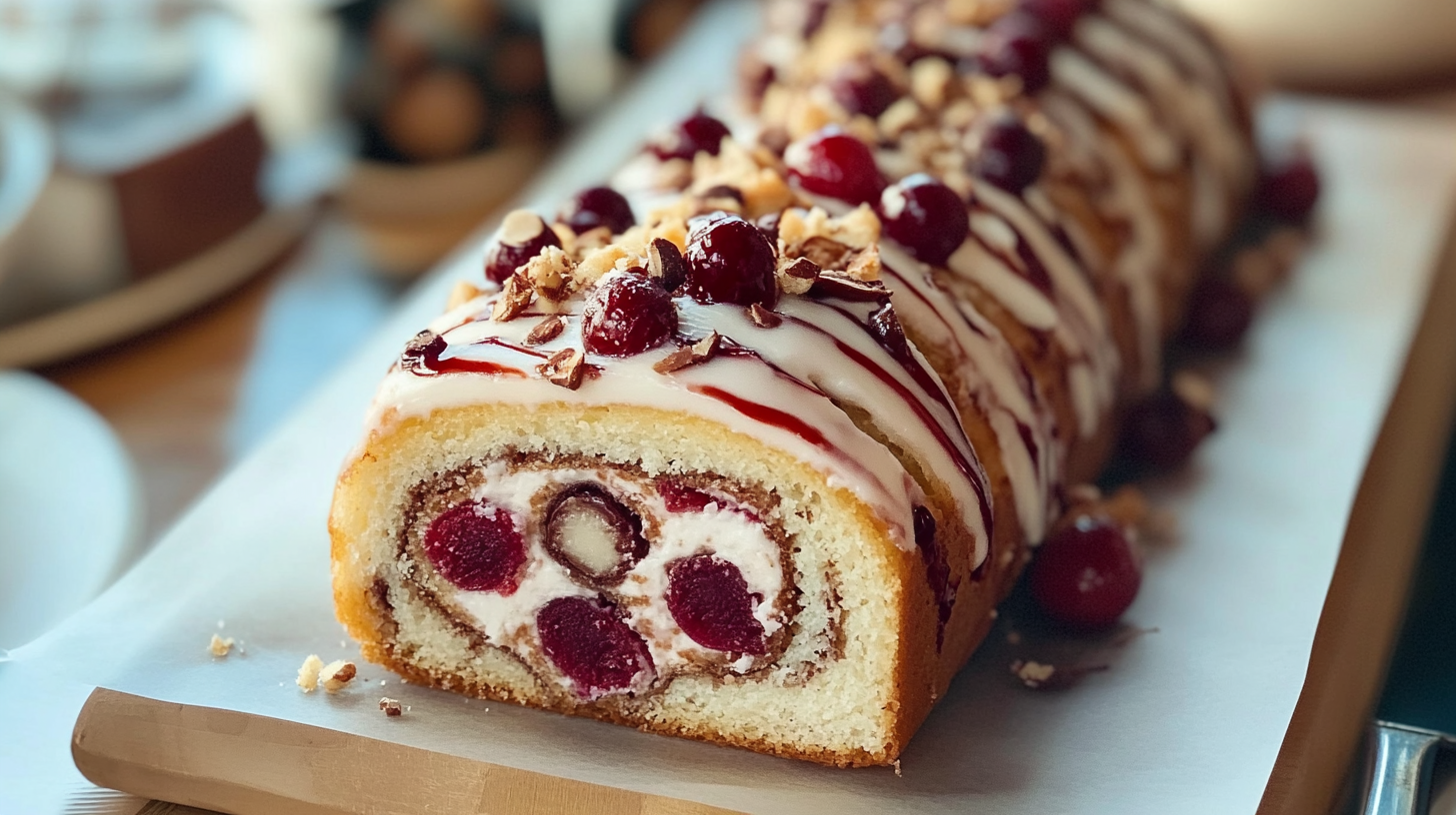 A sliced Cherry Hazelnut Budapest Roll on a white rectangular plate, showing the spiral pattern of golden sponge cake filled with cream and cherry filling, topped with a drizzle of white glaze and sprinkled with chopped nuts. A blurred pitcher or container is visible in the background