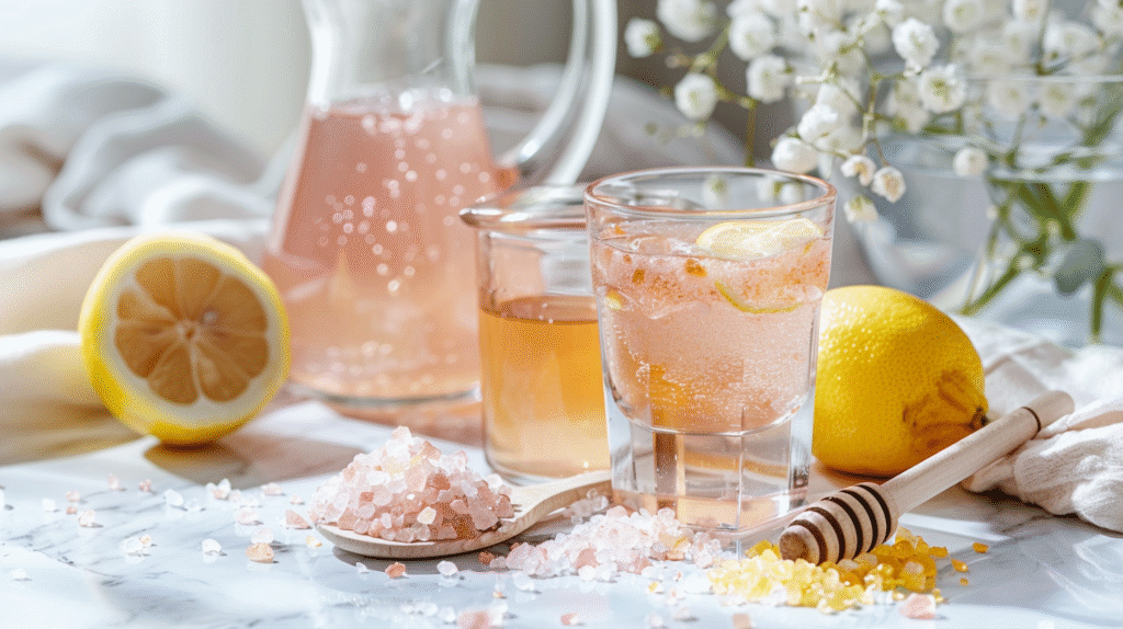 Pink salt diet recipe ingredients including glass of pink-tinted salt water, Himalayan pink salt crystals in wooden spoon, fresh lemon halves, honey dipper, and glass pitcher on white marble background
