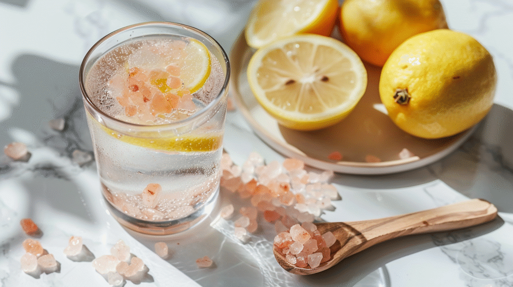 Pink salt recipe for weight loss featuring glass of lemon water with Himalayan pink salt crystals and wooden spoon