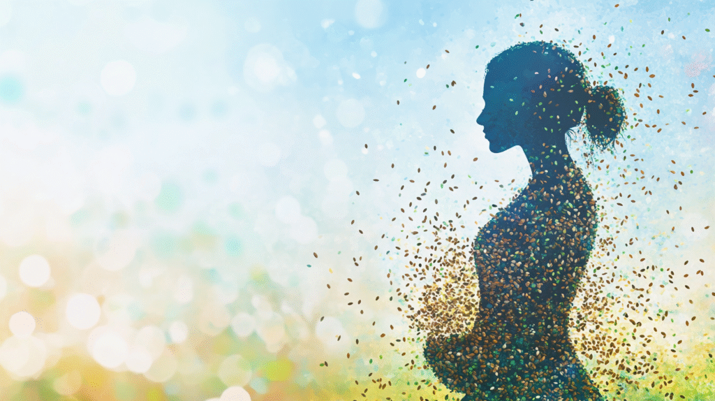 Artistic silhouette of woman with seeds dispersing, representing hormone balance and natural healing through seed cycling