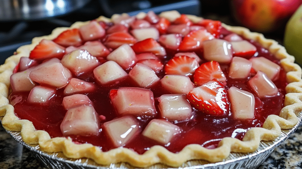 Delicious homemade strawberry rhubarb pie with glossy red filling, chunks of fresh strawberries and rhubarb visible in golden flaky pie crust