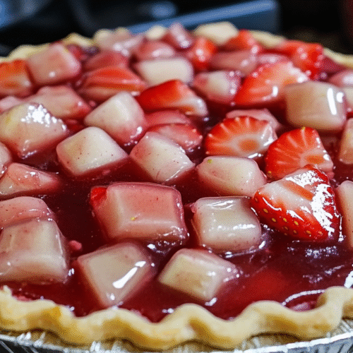 Delicious homemade strawberry rhubarb pie with glossy red filling, chunks of fresh strawberries and rhubarb visible in golden flaky pie crust