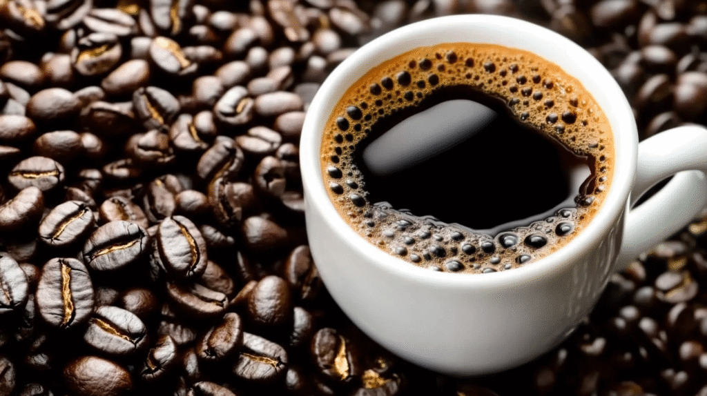 Pure black coffee in white cup with roasted coffee beans for morning weight loss routine