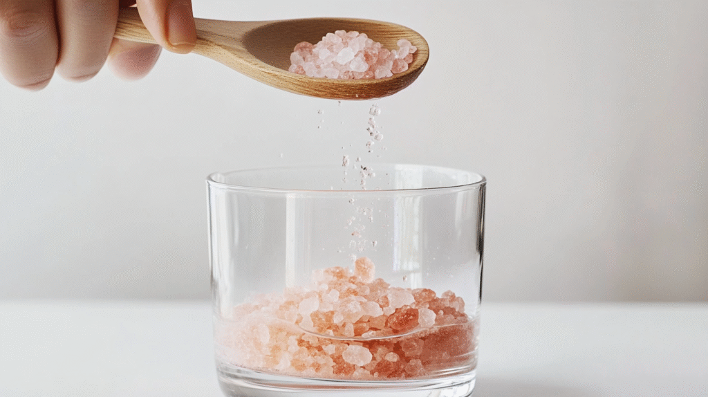 Hand pouring Himalayan pink salt crystals from wooden spoon into clear glass showing step-by-step pink salt diet recipe preparation process