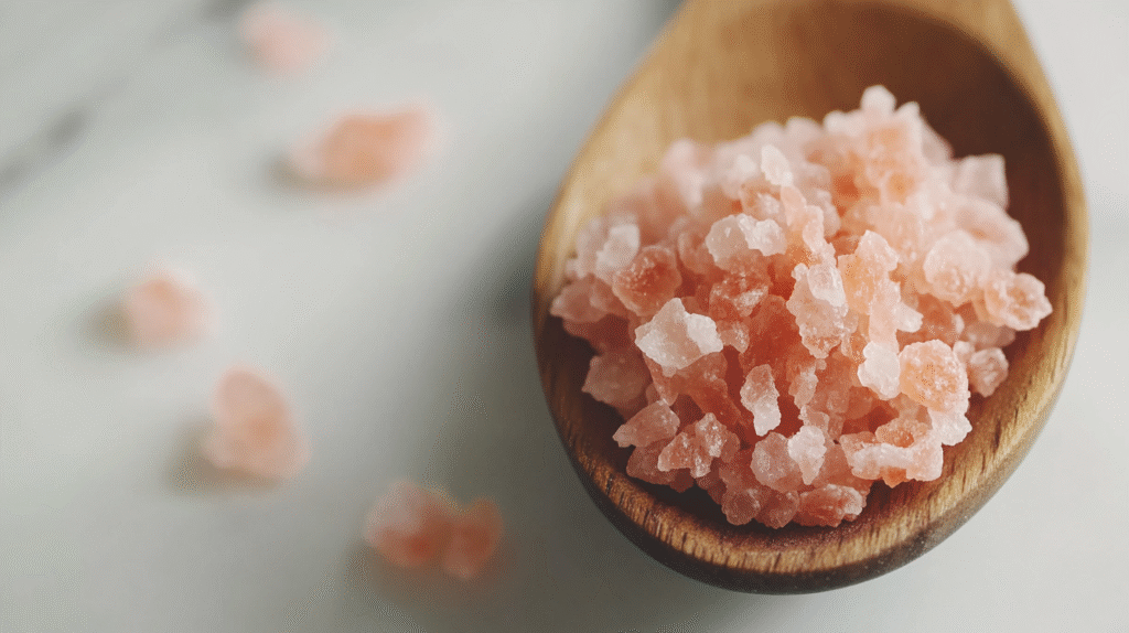 Close-up macro shot of coarse Himalayan pink salt crystals in wooden bowl showing natural rose-pink mineral color and crystalline texture
