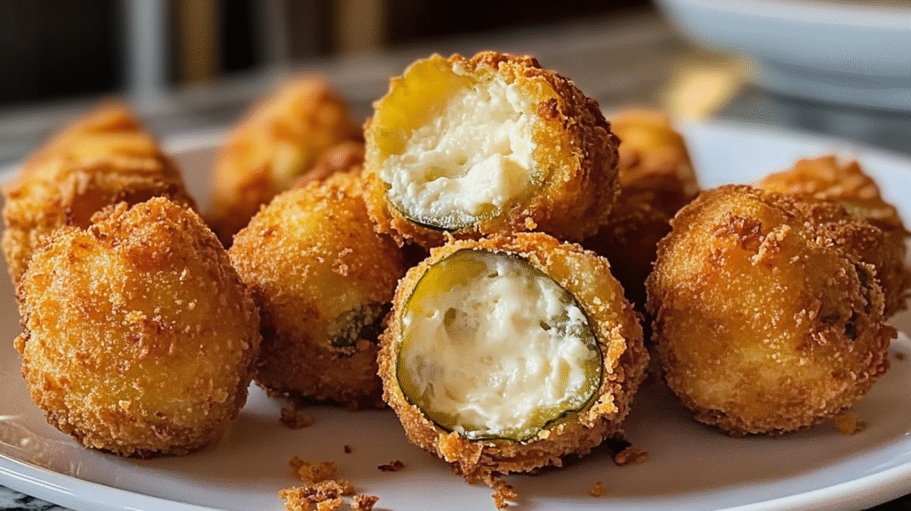 Crispy fried pickle ranch cheese bombs on white plate with two bombs cut in half showing melted cheese and pickle filling inside
