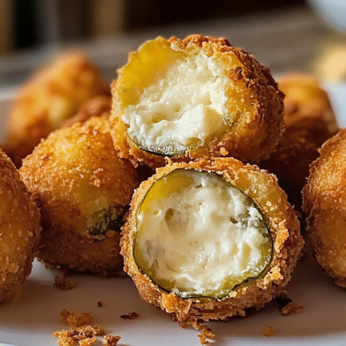 Crispy fried pickle ranch cheese bombs on white plate with two bombs cut in half showing melted cheese and pickle filling inside