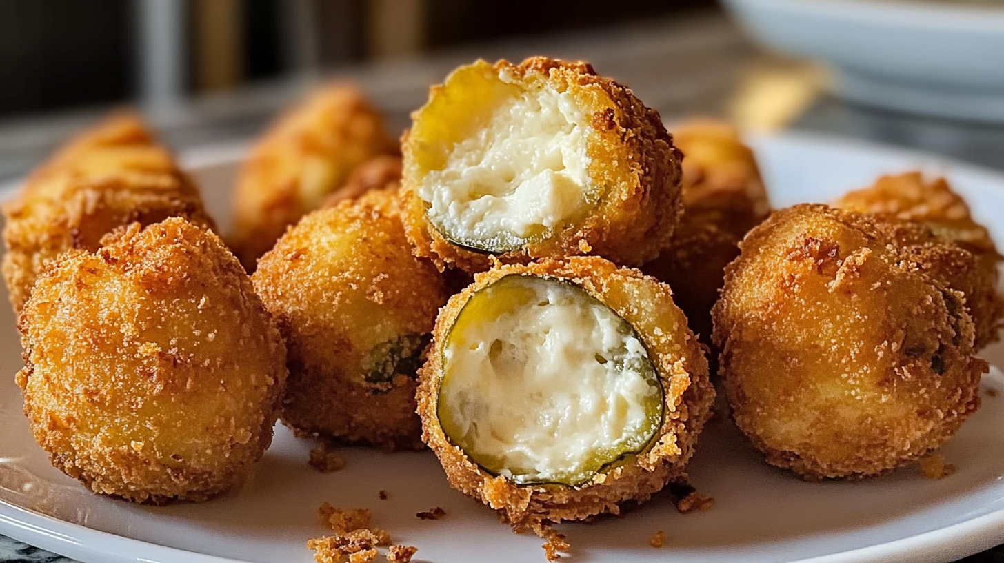 Crispy fried pickle ranch cheese bombs on white plate with two bombs cut in half showing melted cheese and pickle filling inside