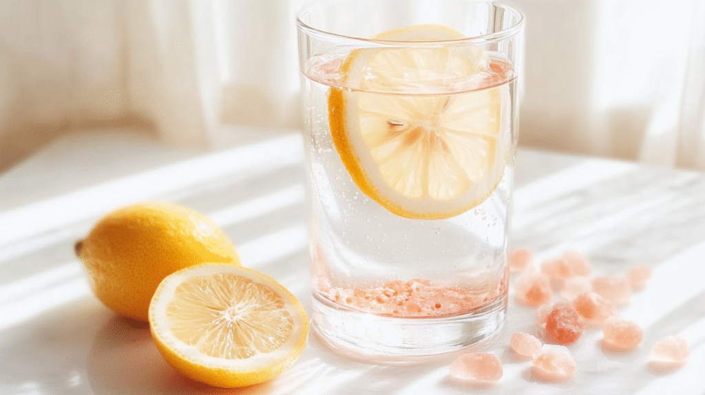 Glass of pink Himalayan salt and lemon water with fresh lemon slices and scattered salt crystals on white surface for natural hydration and health benefits