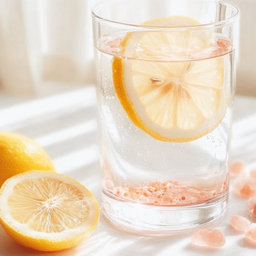 Glass of pink Himalayan salt and lemon water with fresh lemon slices and scattered salt crystals on white surface for natural hydration and health benefits