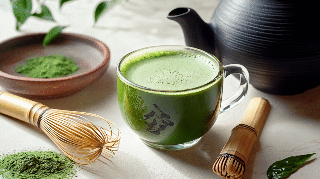Complete matcha tea weight loss recipe setup with frothy green drink, matcha powder in ceramic bowl, traditional bamboo whisks, and Japanese teapot