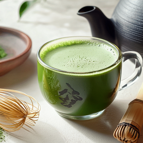 Complete matcha tea weight loss recipe setup with frothy green drink, matcha powder in ceramic bowl, traditional bamboo whisks, and Japanese teapot