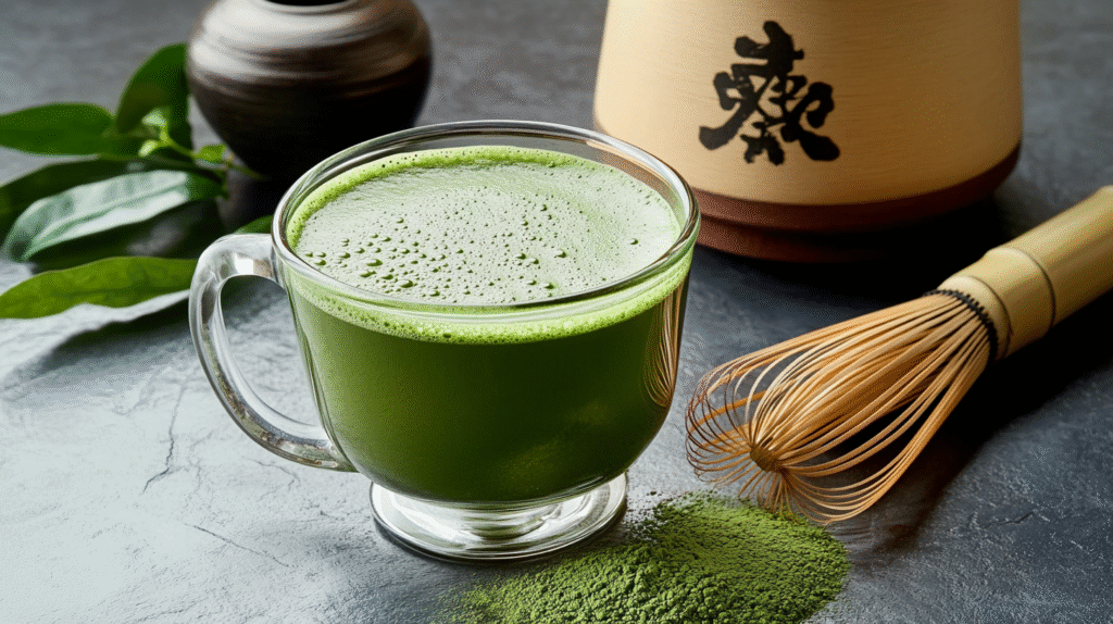 Frothy green matcha tea weight loss recipe in clear glass mug with traditional bamboo whisk and Japanese tea container