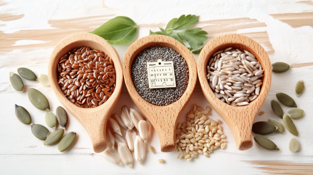 Three wooden spoons containing flax seeds, chia seeds, and sunflower seeds with mini calendar showing seed cycling phase tracking for hormone health