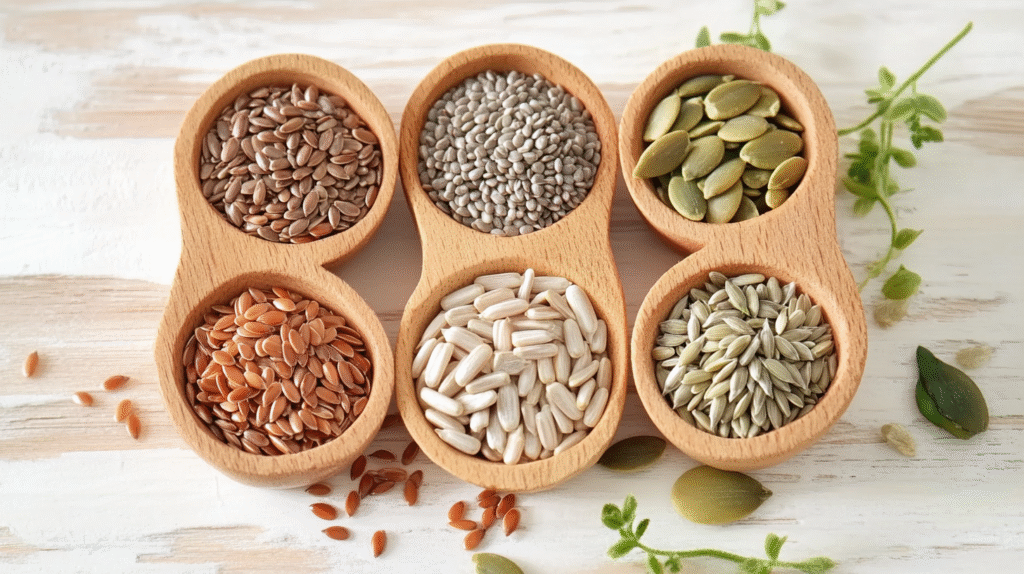 Six wooden bowls containing flax seeds, sesame seeds, pumpkin seeds, and sunflower seeds used in seed cycling for hormone health and weight loss