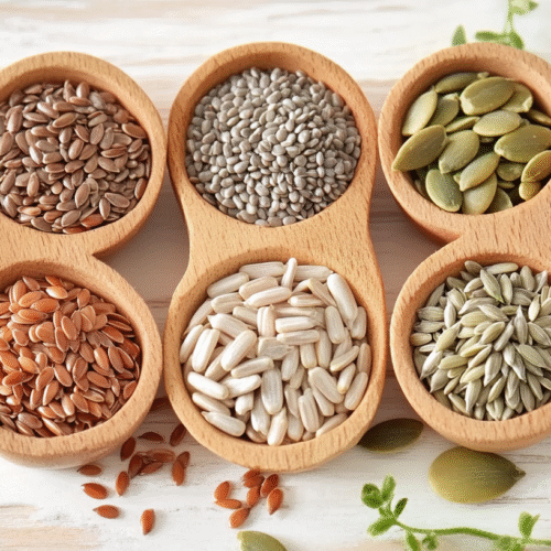 Six wooden bowls containing flax seeds, sesame seeds, pumpkin seeds, and sunflower seeds used in seed cycling for hormone health and weight loss