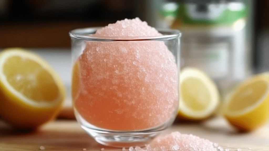 Glass of pink salt diet recipe drink showing fizzy pink-tinted water with fresh lemon slices and scattered Himalayan salt crystals on wooden surface