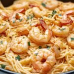 Bang Bang Shrimp Pasta with crispy shrimp and linguine noodles in creamy spicy sauce garnished with fresh herbs in black skillet