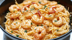 Bang Bang Shrimp Pasta with crispy shrimp and linguine noodles in creamy spicy sauce garnished with fresh herbs in black skillet