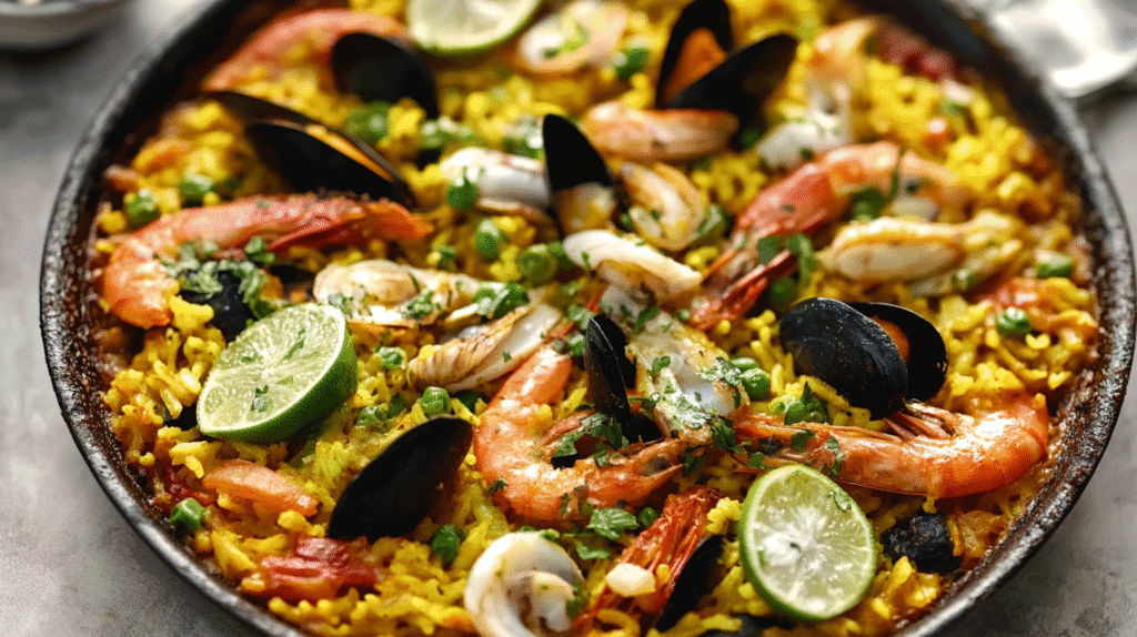 Authentic seafood paella recipe with shrimp, mussels, clams and saffron rice in traditional paella pan