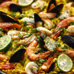 Authentic seafood paella recipe with shrimp, mussels, clams and saffron rice in traditional paella pan