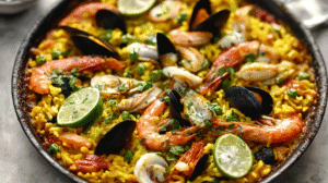 Authentic seafood paella recipe with shrimp, mussels, clams and saffron rice in traditional paella pan