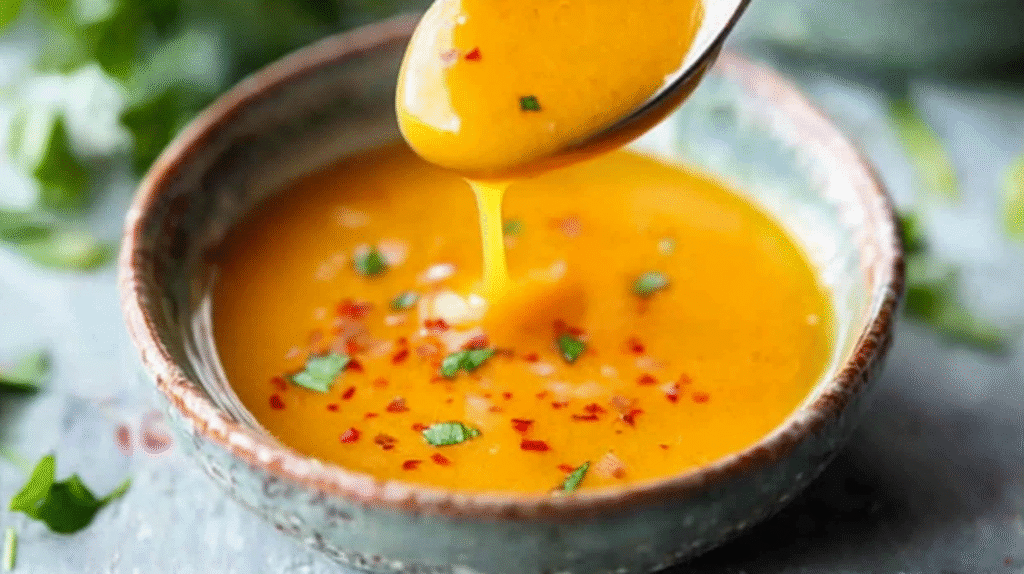 Homemade mango habanero honey garlic sauce in rustic bowl with spoon drizzling golden sauce with red pepper flakes and fresh herbs