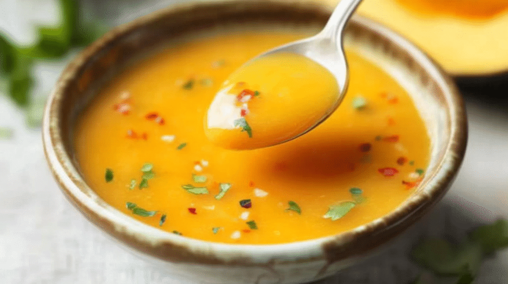 Close-up of mango habanero honey garlic sauce being lifted with spoon showing smooth golden texture with colorful pepper flakes and cilantro garnish