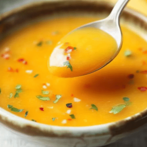 Close-up of mango habanero honey garlic sauce being lifted with spoon showing smooth golden texture with colorful pepper flakes and cilantro garnish