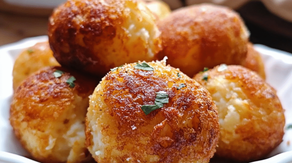 Golden crispy mashed potato bacon bombs garnished with fresh herbs on white plate