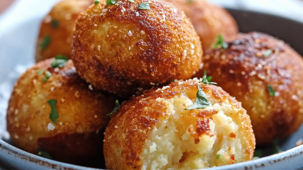 Close-up of mashed potato bacon bombs showing creamy interior with melted cheese and bacon bits