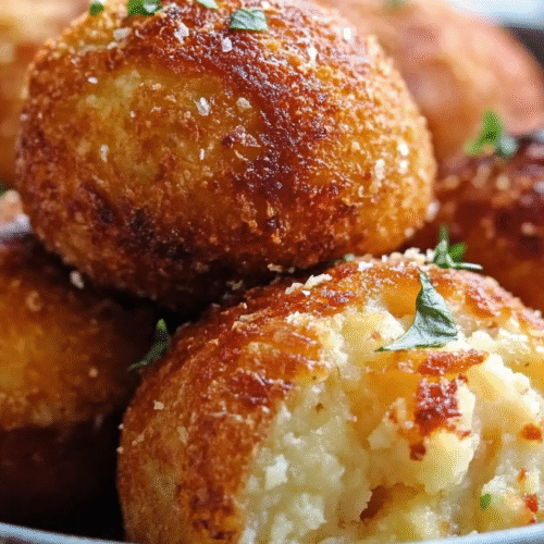 Close-up of mashed potato bacon bombs showing creamy interior with melted cheese and bacon bits