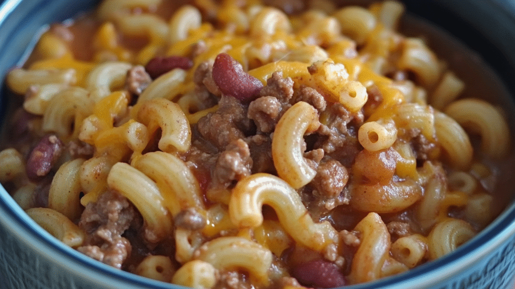 Close-up of crock pot cheddar chili mac showing elbow macaroni, ground beef, red kidney beans and melted cheese sauce