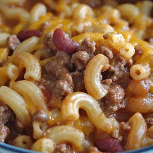 Close-up of crock pot cheddar chili mac showing elbow macaroni, ground beef, red kidney beans and melted cheese sauce
