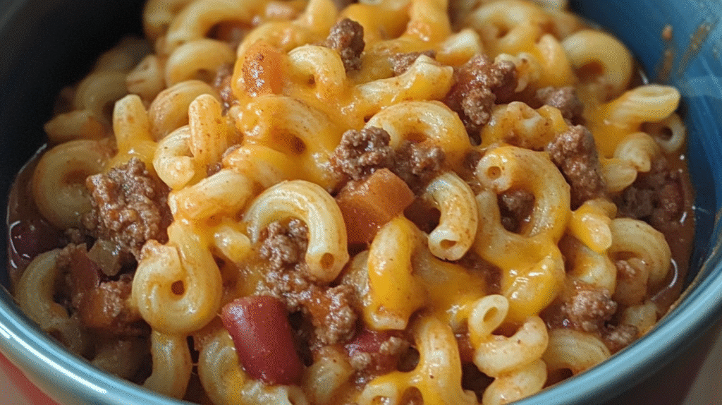 Creamy crock pot cheddar chili mac with ground beef, elbow pasta, kidney beans and melted cheese in slow cooker