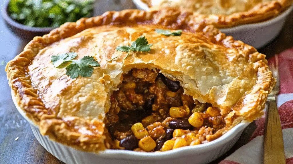 homemade savory pie with golden pastry crust cut open showing meat and vegetable filling with corn and beans