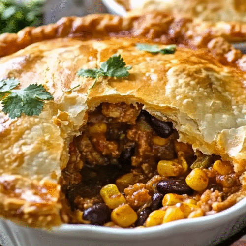 homemade savory pie with golden pastry crust cut open showing meat and vegetable filling with corn and beans