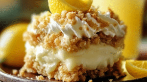 Sugar cookie lemonade crumble bars with golden crumb topping, creamy lemon filling, and cookie base garnished with fresh lemons
